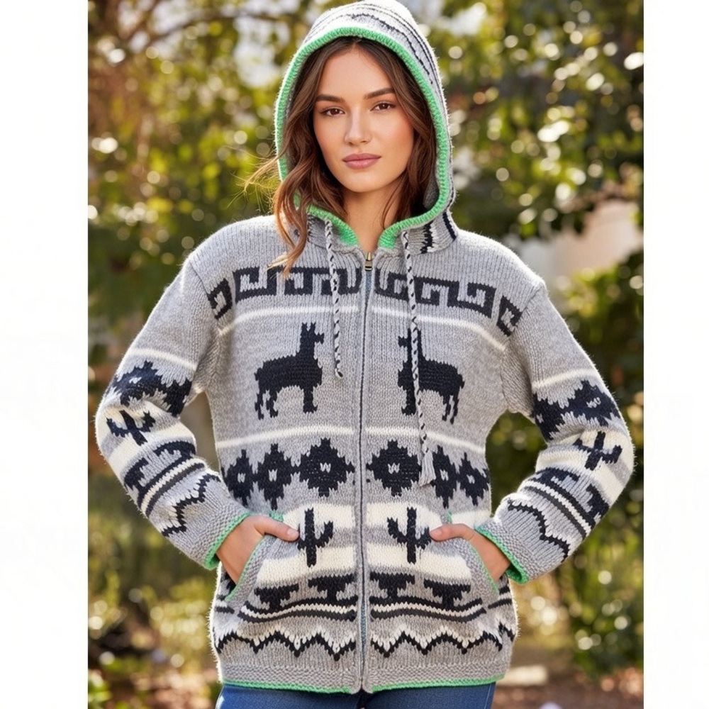 Gray and Black Hooded Jacket with Llama Pattern - Made in Peru